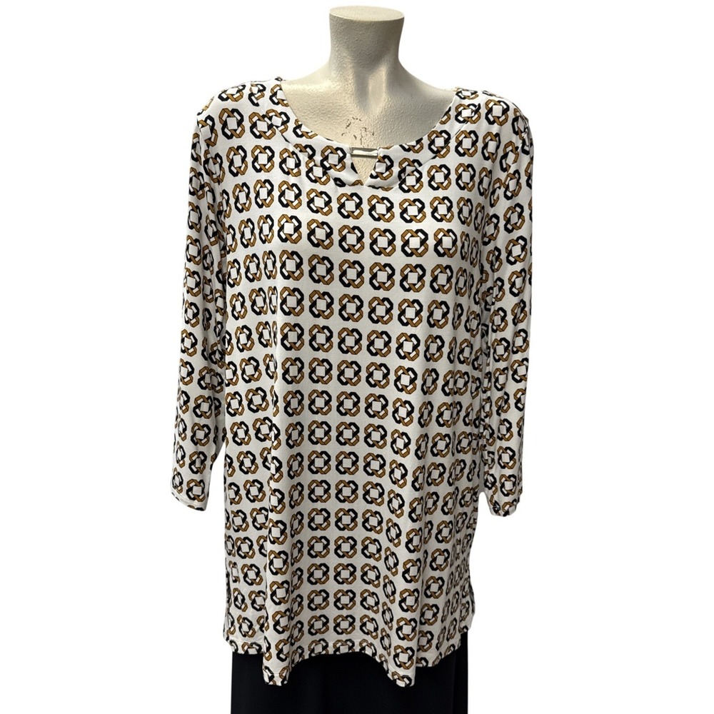 Liz Claiborne XL Geometric Print 3/4 Sleeve‎ Tunic Top White Black Gold